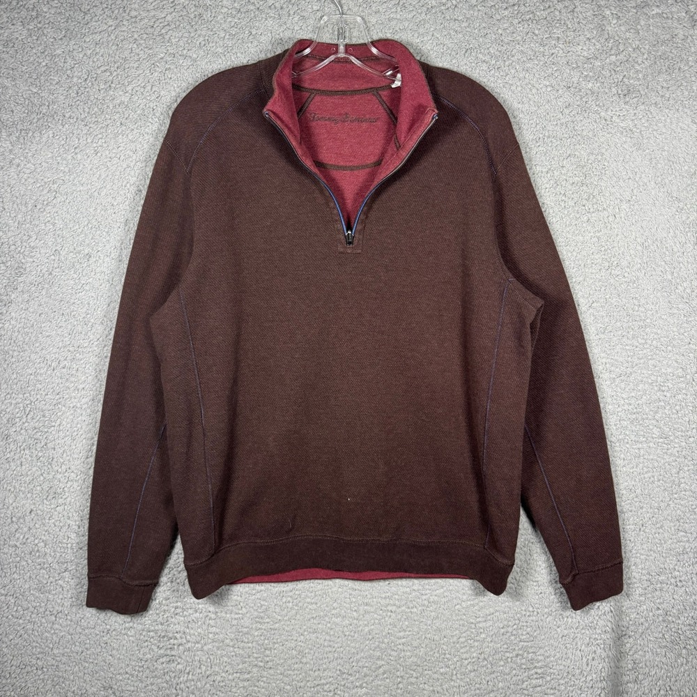 Tommy Bahama Mens Reversible Quarter Zip Pullover Brown Burgundy Cotton Size M